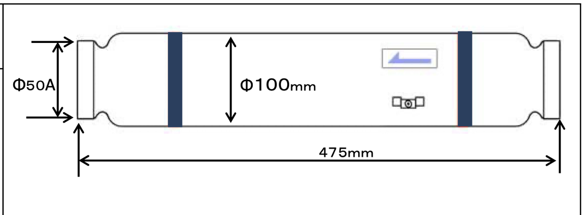 Bản vẽ kích thước Dileka 65RS: dài 475 mm, kết nối Φ50A, thân Φ100 mm