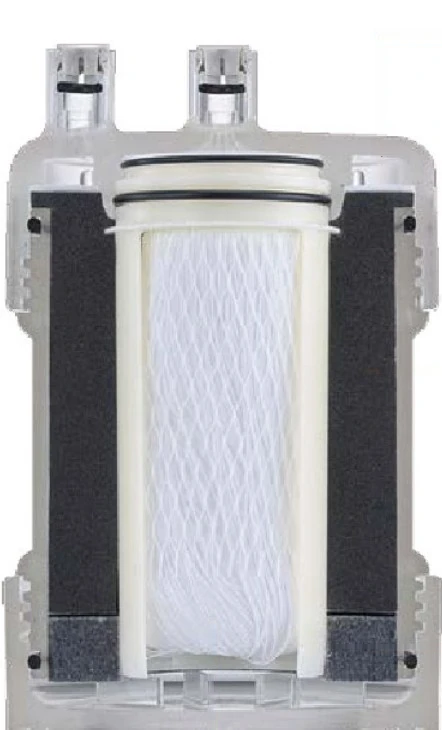 Mặt cắt bộ lọc Kitz OSSC-4: các lớp lọc bao quanh màng sợi rỗng ở trung tâm
